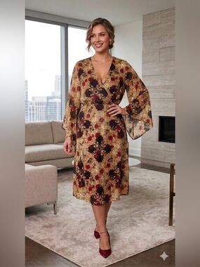 Floral Midi Wrap Dress in Gold and Red